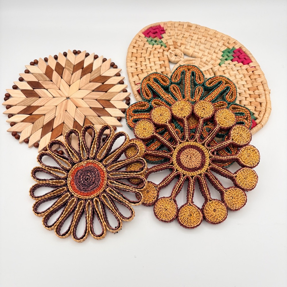 Lot of FIVE Trivets Rattan Straw Wicker Wood